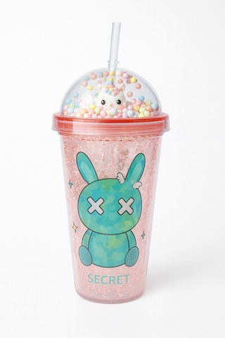 Sevimli Bunny Tavşan Figürlü Renkli Boncuklu Kristal Efektli Tasarım Pipetli Bardak Suluk Pembe 2087 Çok Renkli