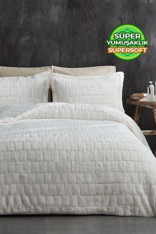 Evlen Home Çift Taraflı Kişilik Kürk Yatak Örtüsü Uyku Seti Yumuşak Dolgulu Wellsoft Peluş 3 Parça Benita Krem Krem