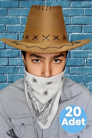 Uniquetrenders Çocuk Unisex Bandanalı 20'li Nubuk Kovboy Şapkası 8-14 Yaş Cappuccino 1
