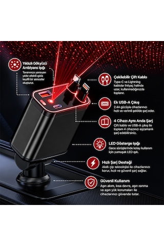 Araç Çakmaklık Şarj Cihazı Dahili Çekilebilir Type-c Lightning Çift Kablo Ambiyans Işıklı