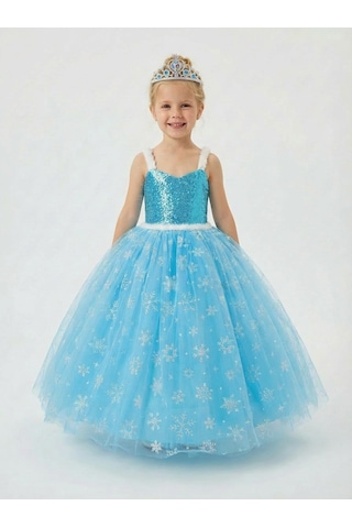 Butikhappykids Frozen Elsa Kostümü Askılı Kız Çocuk Prenses Elbisesi + Taç Mavi