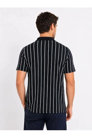 Freedom Store Erkek Pike Kumaş Çizgili Polo Yaka Tişört Kısa Kol Yazlık T-shirt - Siyah