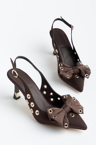 Kadın İnce Topuklu Stiletto Kahverengi Saten Fiyonklu-4690 Kahve Cilt