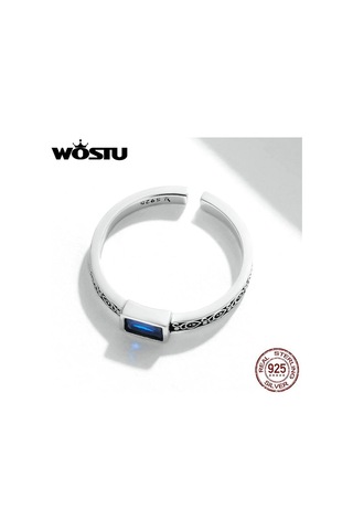 Wostu 925 Ayar Gümüş Vintage Desen Ve Dikdörtgen Zirkonyum Yüzük Kadınlar İçin Ayarlanabilir Yüzük Moda Takı