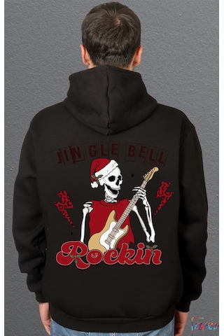 Bumeta Christmas Rock Jingle Bell Rockin Sweatshirt Unisex Kapüşonlu Hoodie Siyah