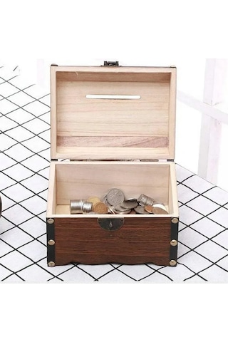 Fosenze Eski Stile Sahip El Yapımı Ahşap Kumbara, Kilitli Para Kazanma Kutusu, 15x10x10cm, Kahverengi Renk, Dini Bayramlar Ve Hediyeler İçin Uygun Haki