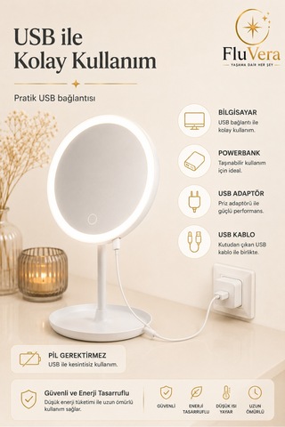 Led Işıklı Makyaj Aynası Masaüstü Dokunmatik Aydınlatmalı Güzellik Ve Cilt Bakım Aynası Beyaz
