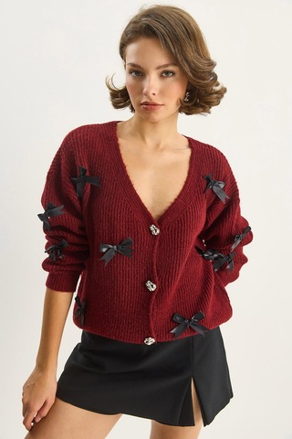 Shade Kadın Fiyonk Aksesuarlı V Yaka Oversize Düğmeli Hırka 60283642 - Bordo