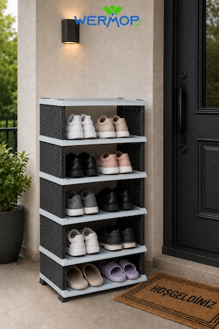 5 Katlı Rattan Görünümlü Ayakkabılık Ayakkabı Rafı Organizer - Gümüş Siyah - Gümüş
