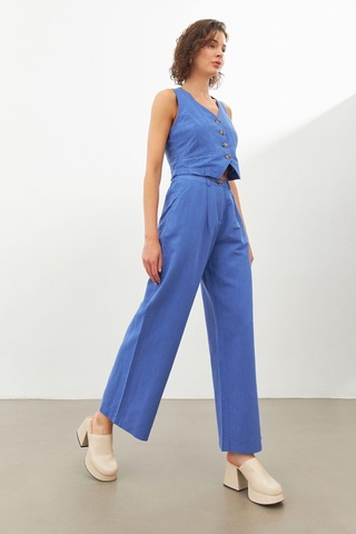 Stella Pulvis Mavi Keten Yüksek Bel Wide Leg Pantolon Mavi