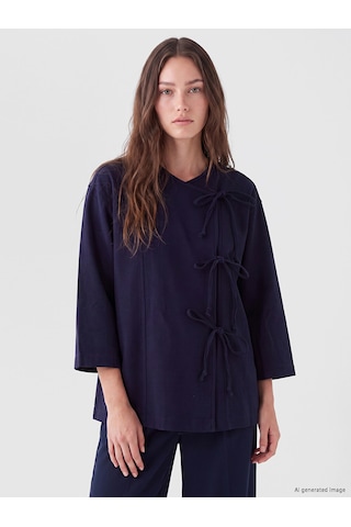 Lcw Modest Lacivert Kruvaze Yaka Bağcıklı Kadın Kimono