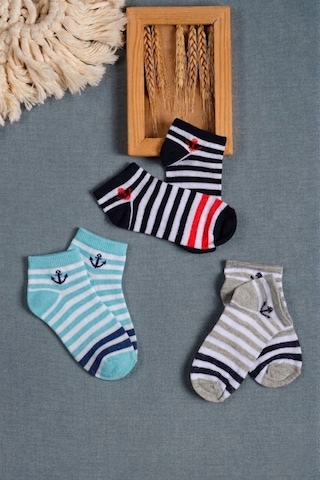 Cocole Socks Erkek Bebek Patik Çorabı 3 Lü Set Pamuklu Çapa Detaylı Çizgili Desenli Çok Renkli