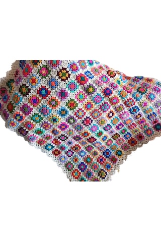 El Örgüsü Etnik Otantik Motifli Ekru Koltuk Şalı 95 Cm X 95 Cm Çok Renkli