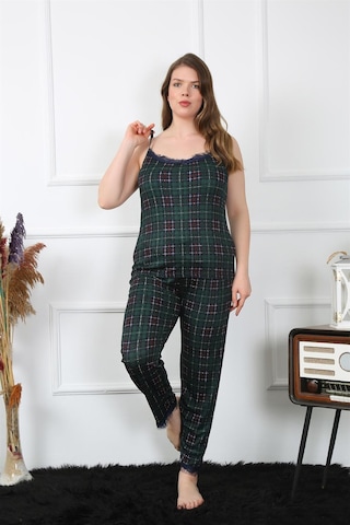 Akbeniz Kadın Büyük Beden Yeşil Ekoseli İp Askılı Pijama Takım 202197 Çok Renkli