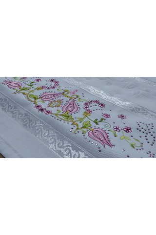 Algelsineve Taş İşlemeli Kadife Dokulu Pamuklu Baş & El Havlusu Işıltılı Çiçek Nakışlı 50 90 Cm 200 Gr Pembe