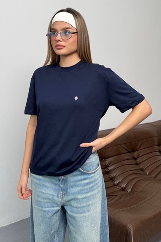 Giysa Kadın Gümüş Aksesuar Detaylı Pamuklu T-shirt Lacivert - 26y 26510