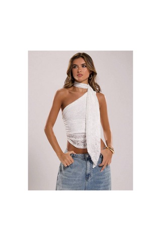 Meren Like Your Style Dantel Detaylı Tek Omuz Şal Detaylı Tek Omuz Crop Bluz Beyaz