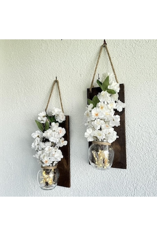 Led Işıklı, Lüx Beyaz Bahardalı Çiçekli Duvar Dekoru Ceviz İkili Set Ceviz