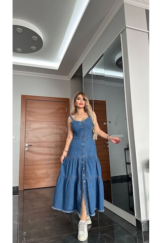 Yeni Sezon Kot Elbise Düğmeli Sırt Dekolteli Bağcık Detaylı Büyük Beden Uzun Jean Elbise Jean Denim