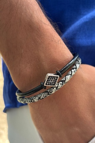 El İşçiliği İle Üretilmiş Hakiki Deri Erkek Bileklik Gümüş - Beyaz