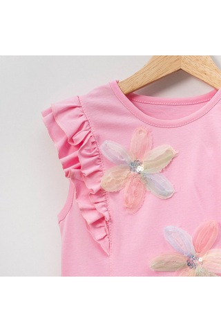 Overdo Kids Kız Çocuk Çiçekli Fırfırlı Kısa Kollu %100 Pamuklu T-shirt Pembe