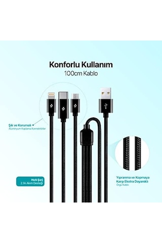 Ttec 2dk39s Alumicable Trio Şarj Kablosu 1mt. Usb-a - Usb-c / Lightning / Micro Usb