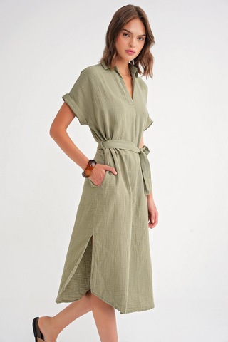 4720 Kadın Pile Detaylı Bağlamalı V Yaka Müslin Elbise Haki Haki