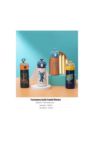 Paslanmaz Çelik Termos Su Şişesi 350ml Vakumlu Pipetli Turuncu İthal Ürün Turuncu