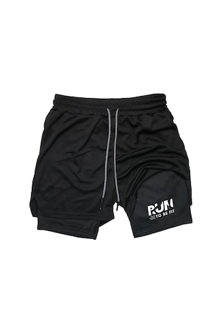Hızlı Kuruyan 2 İn 1 Yetişkin Unisex Spor Run To Be Fit Baskılı Taytlı Şort Fitness Gym Antrenman Siyah