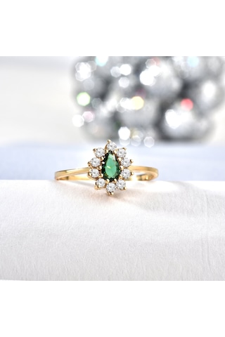 14 Ayar Mikron Altın Kaplama Zümrüt Yeşili Taşlı Damla Halo Yüzük Vintage Stil - Rs00117 Altın