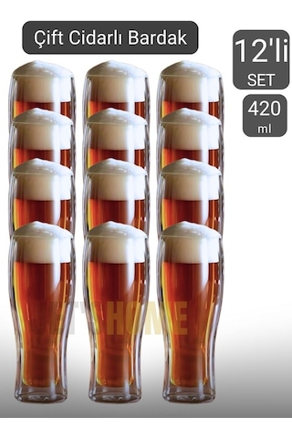 12 Li Set Bira Bardağı Kahve Bardağı Çift Cidarlı Bardak Meşrubat Bardağı 420 Ml Şeffaf