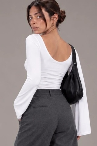 Bbbutikbasic Kadın U Yaka İspanyol Kol Uzun Kollu Slim Fit Bluz My3535 Beyaz