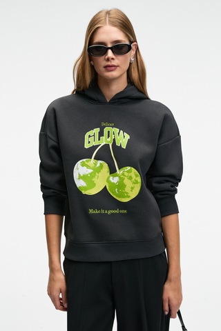 Grimelange YANMESA Kadın Oversize Baskı Ve Nakış Detaylı Uzun Kollu Kapüşonlu Koyu Antrasit Sweatshirt