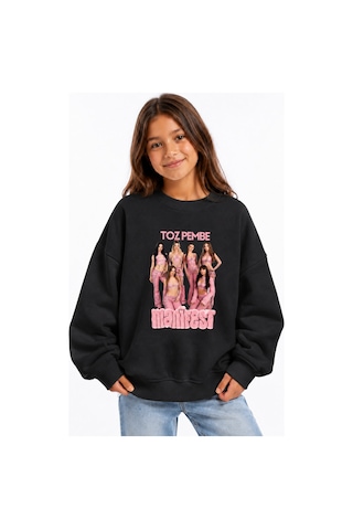 Fasardi Manifest Girls M6nifestgirls Baskılı Oversize Şardonsuz Uzun Kollu Kız Çocuk Sweatshirt Siyah