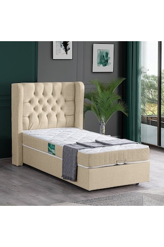 Setaymobilya Baza, Riga Tek Kişilik Baza + Başlık + Comfort Yatak, Krem