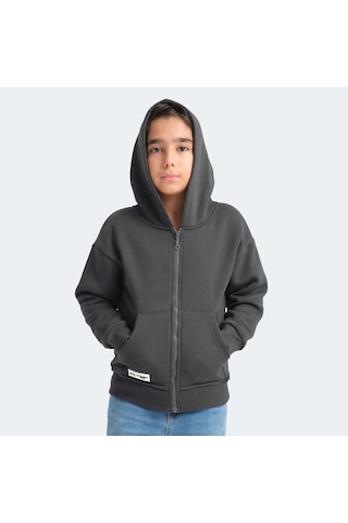 Slazenger LEKAN Çocuk Fermuarlı Kapüşonlu Cepli Koyu Gri Sweatshirt
