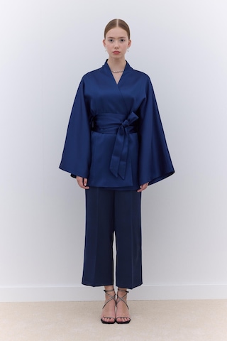 Manuka Saten Kemerli Kimono Lacivert