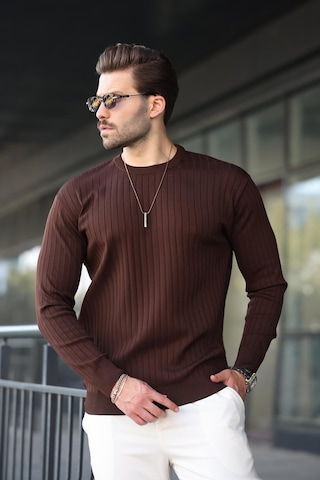 Madmext Kahverengi Bisiklet Yaka Çizgili Uzun Kollu Kazak E7273 Kahverengi