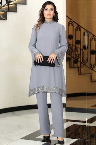 Umay Şifon Tunik Pantolon İkili Tesettür Takım Gri Gri