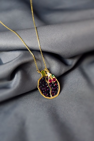 925 Ayar Gümüş Gold Kaplama Kiraz Sallantılı , Mineli Bolluk ve Bereket Tılsımı Nar Taneli Kolye