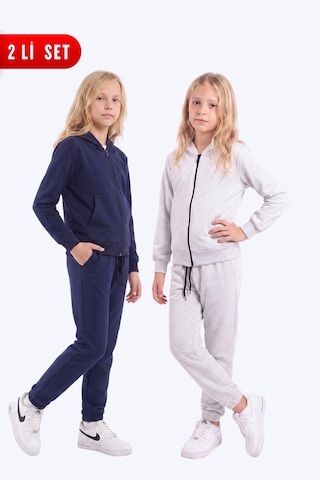 Fyk Kids Kız Çocuk 2'li Düz Basic Fermuarlı Kapüşonlu Çift Cepli Eşofman Takımı Lacivert-gri