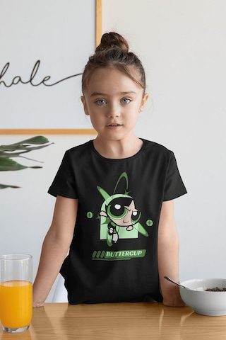 Sevbano Buttercup Baskılı Unisex Power Puff Girls Çizgi Film Çocuk Tişört Siyah