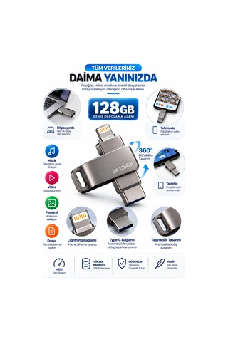 Lightning Type C Destekli 128gb Taşınabilir Usb Flash Bellek Fotoğraf Video Ve Dosya Aktarımı