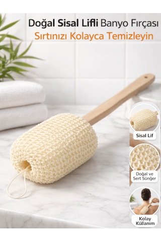 Beylini Sisal Ahşap Saplı Sırt Lifi Banyo Sırt Kese Fırçası Vücut Peeling Ölü Deri Temizleme Çubuğu 26cm Sap