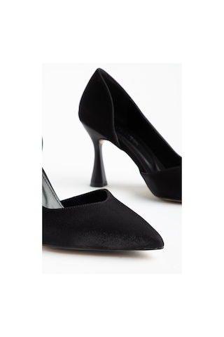 Büyük Beden Kadın İnce Topuklu Stiletto Siyah Parlak Saten Yan Açık-4667 Siyah