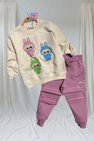 Labubu Desenli Kız Çocuk Pembe Renk Eşofman Takım 2 Li Set Pembe