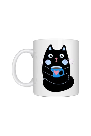 Sevimli Siyah Kedi Baskılı Porselen Kupa Model 198 Kahve İçen Kedi Tasarımlı Kupa Bardak Kahve Severlere Eğlenceli Hediye Kupa 6689 Pastel Ultramarin