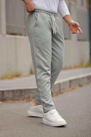 Erkek Beli Bağcıklı Çizgili Pantolon Gri