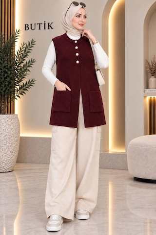 Aymiraa Kadın Tesettür Angora Baklava Desen Triko Yelek Bordo Bordo
