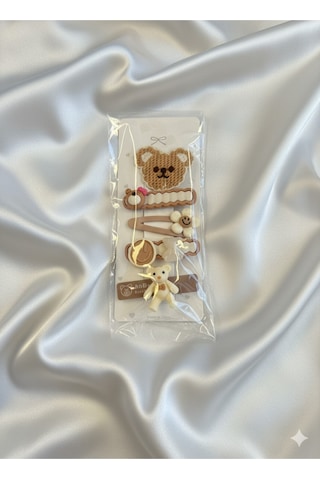 Şehrazat Handmade 5 Li Çocuk Çitçit Pens Klipsli Saç Toka Seti Kahverengi